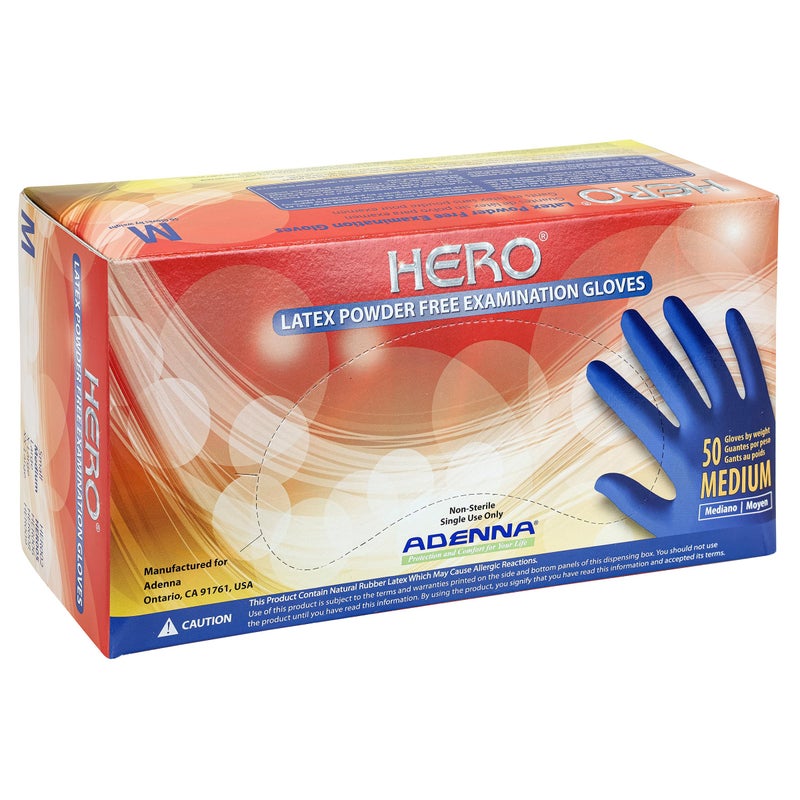 Adenna HER005 Hero 14 mil Powder-Free Latex Gloves, Extended Cuff, Medical Grade, Blue, Medium, Box of 50 - Image 1